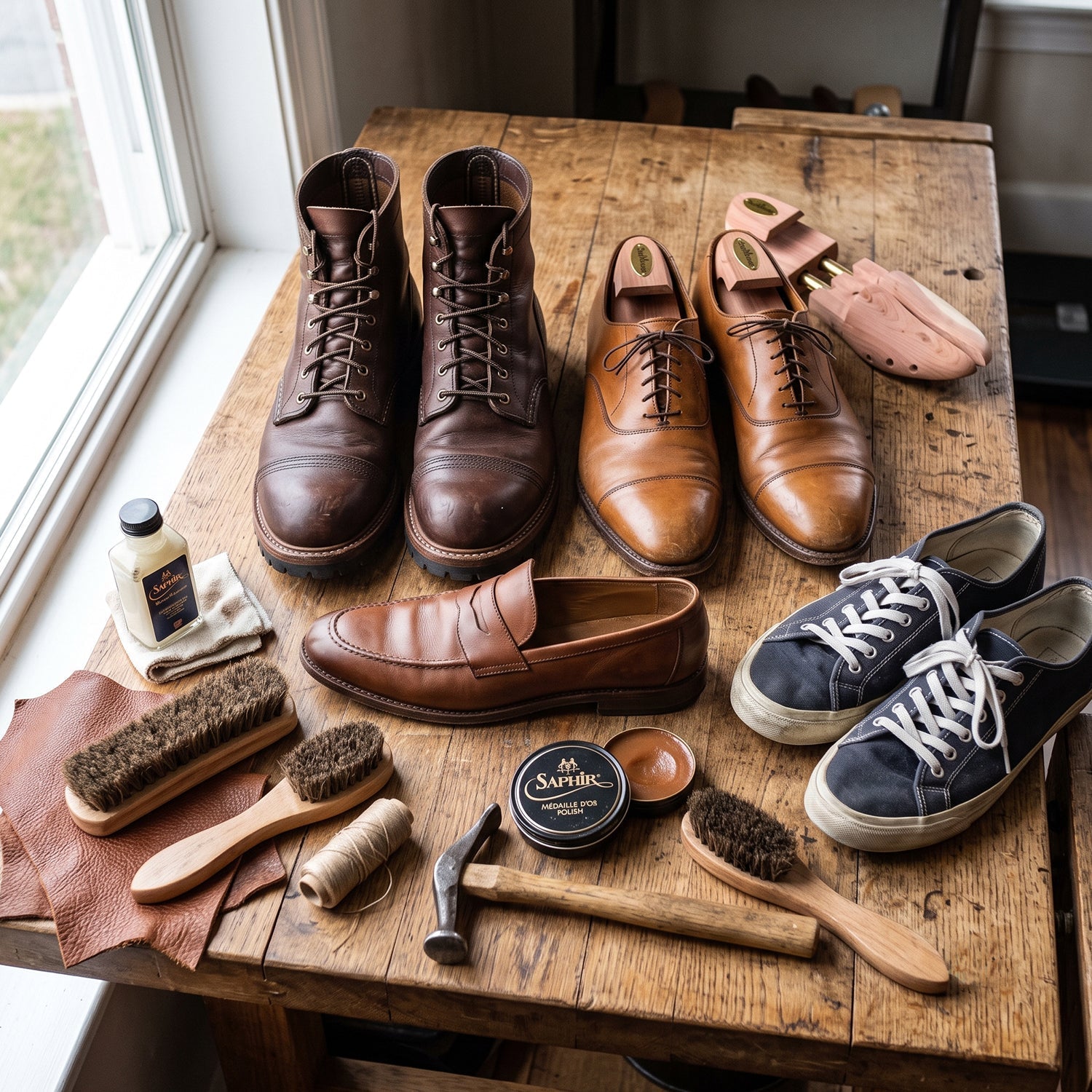 Leather shoe care kit and various men's footwear, including brown leather boots, tan oxford dress shoes, penny loafers, and blue canvas sneakers, arranged on a rustic wooden workbench.