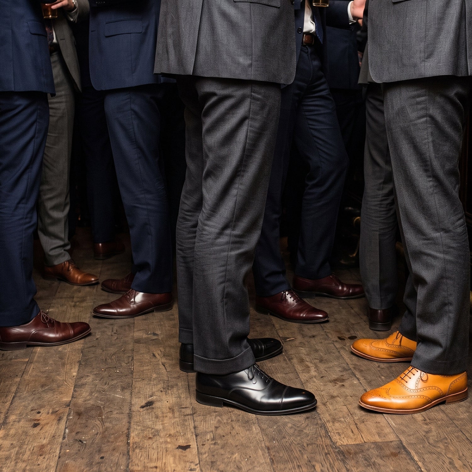 Men wearing tailored grey and navy suits with premium leather dress shoes, including black oxford shoes and tan wingtip brogues, standing at a pub bar.