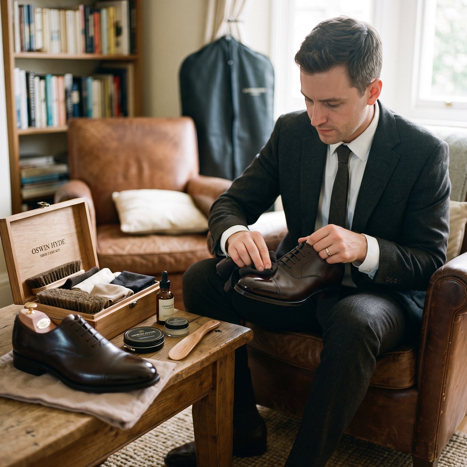 A man in a tailored charcoal suit sitting in a leather armchair, polishing a brown leather oxford dress shoe with a cloth next to an Oswin Hyde wooden shoe care valet box.