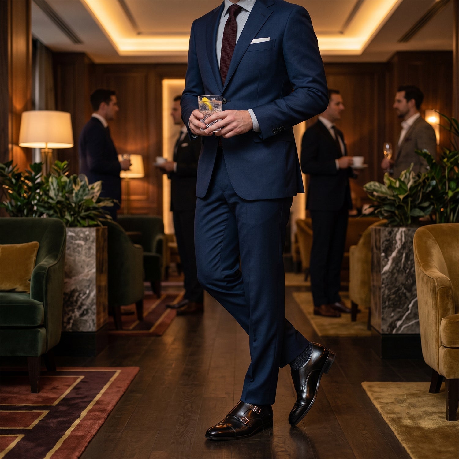 Man in a navy suit and black double monk strap shoes standing in a dimly lit cocktail lounge.