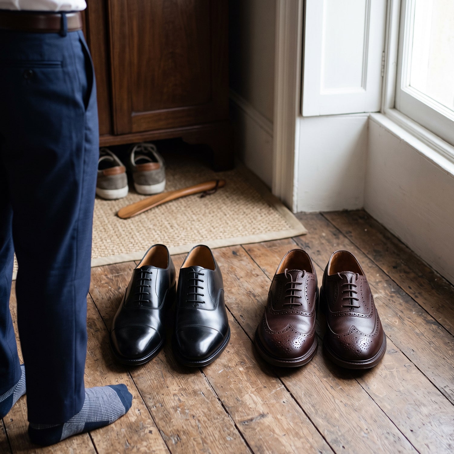Comparison of classic black cap-toe oxford shoes and textured brown leather brogues laid out on a floor for a formal men's styling guide.