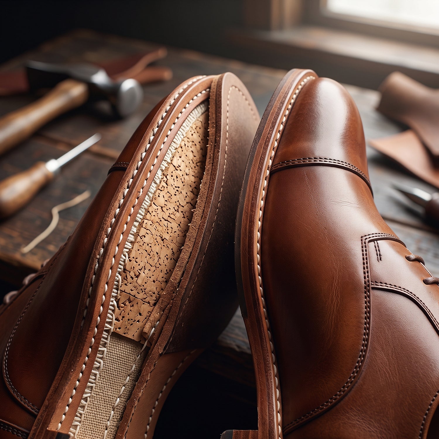A cross-section of a Goodyear welted leather dress shoe showing the interior cork filling, gemming, and stitching details next to a finished brown leather derby shoe on a cobbler's workbench.