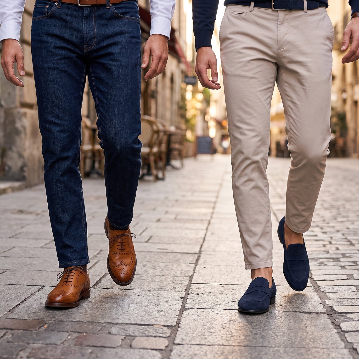 a man wears dark blue jeans and tan leather lace-up brogue shoes. On the right, a man wears beige chinos with a sharp taper and navy suede slip-on loafers without visible socks, walking on a sunny cobblestone street.