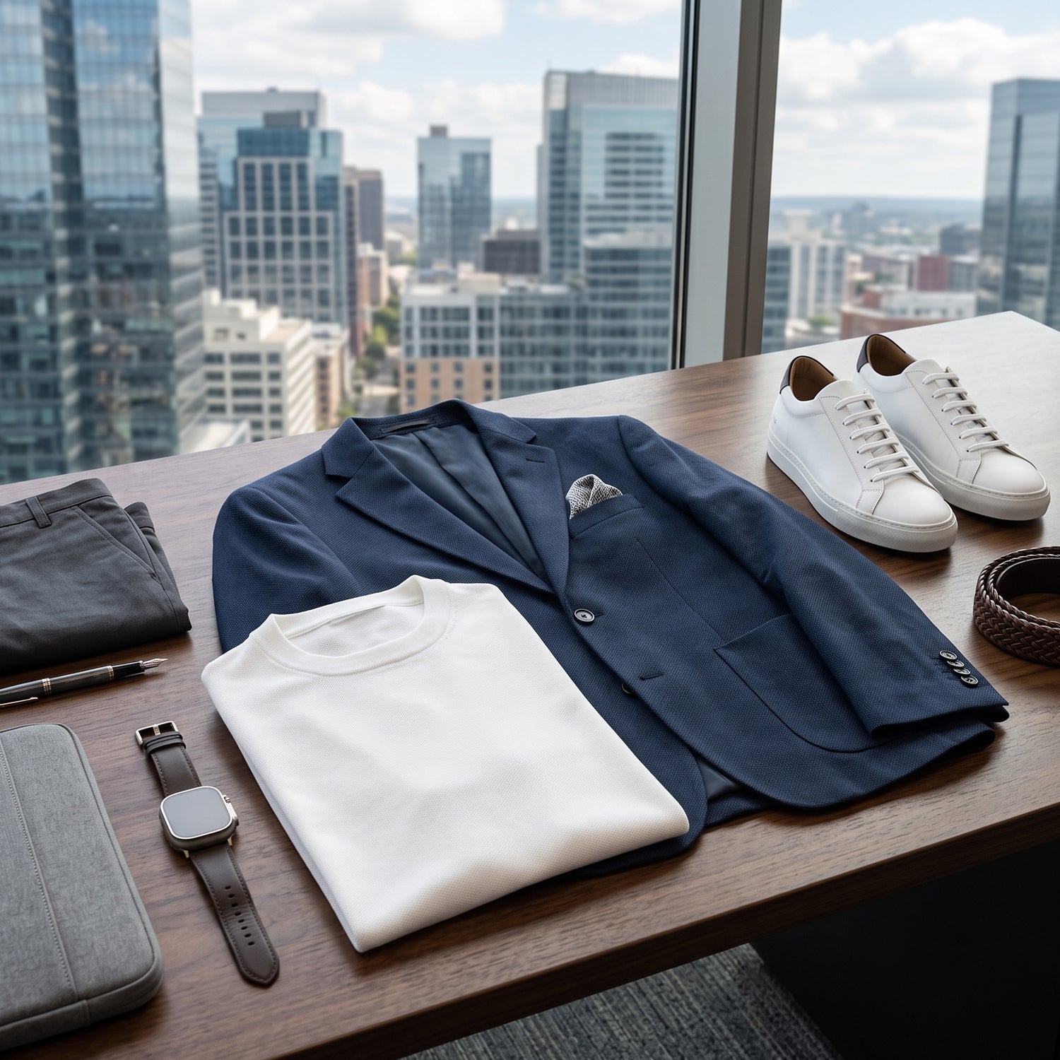 Smart casual men's outfit featuring a navy blue unstructured blazer, white crewneck t-shirt, grey trousers, and white leather sneakers laid out on an office desk with a city skyline view.