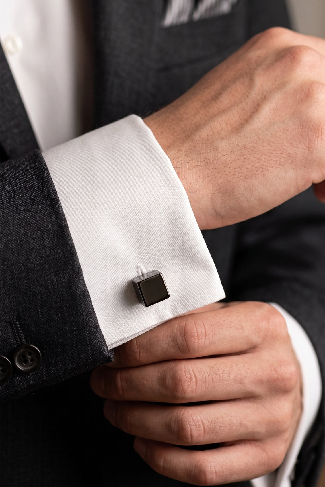 Cube Black Men’s Cufflinks with a polished black geometric cube design, crafted for formal events and sophisticated style.