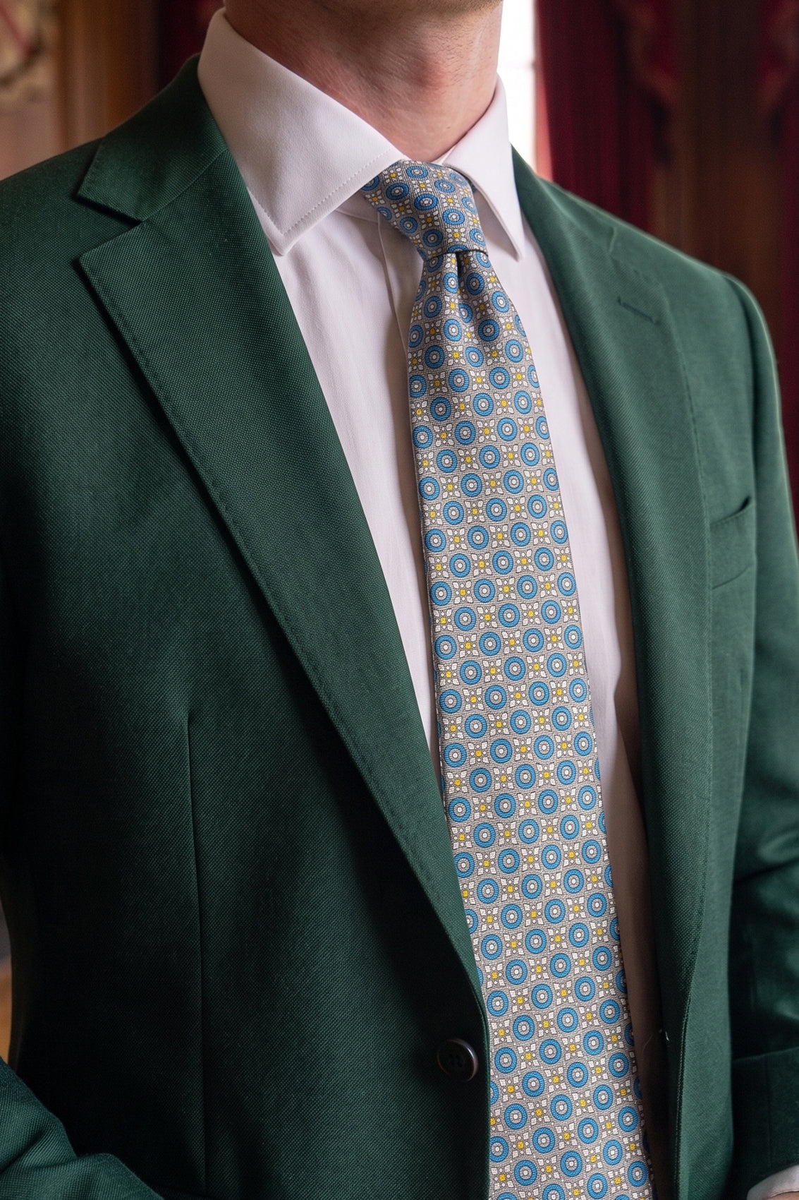 Blue Yellow Geometric Print Silk Tie with luxurious silk and striking design, perfect for formal occasions.