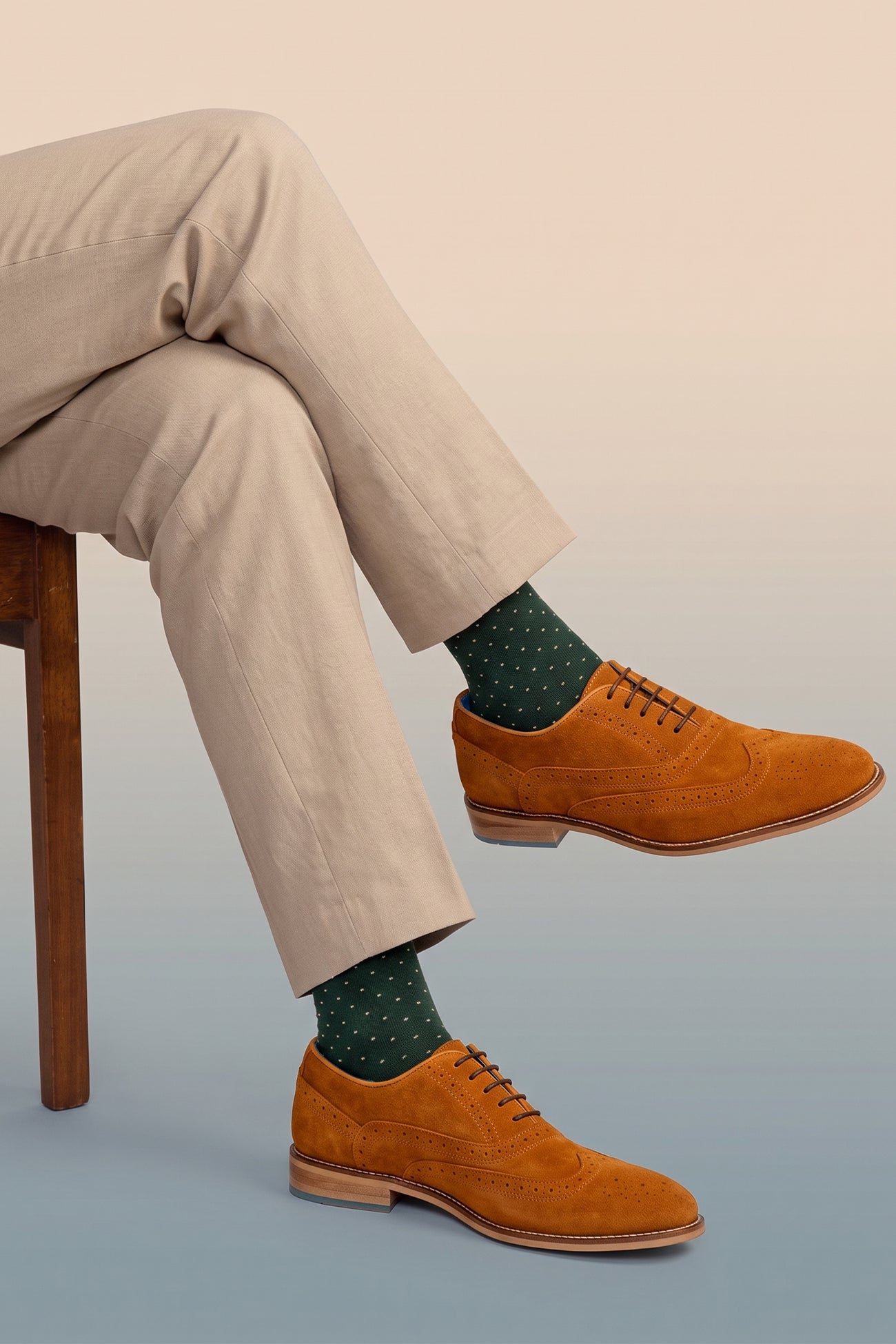 Model wearing Winston Tobacco Suede Brogue Shoes Oswin Hyde