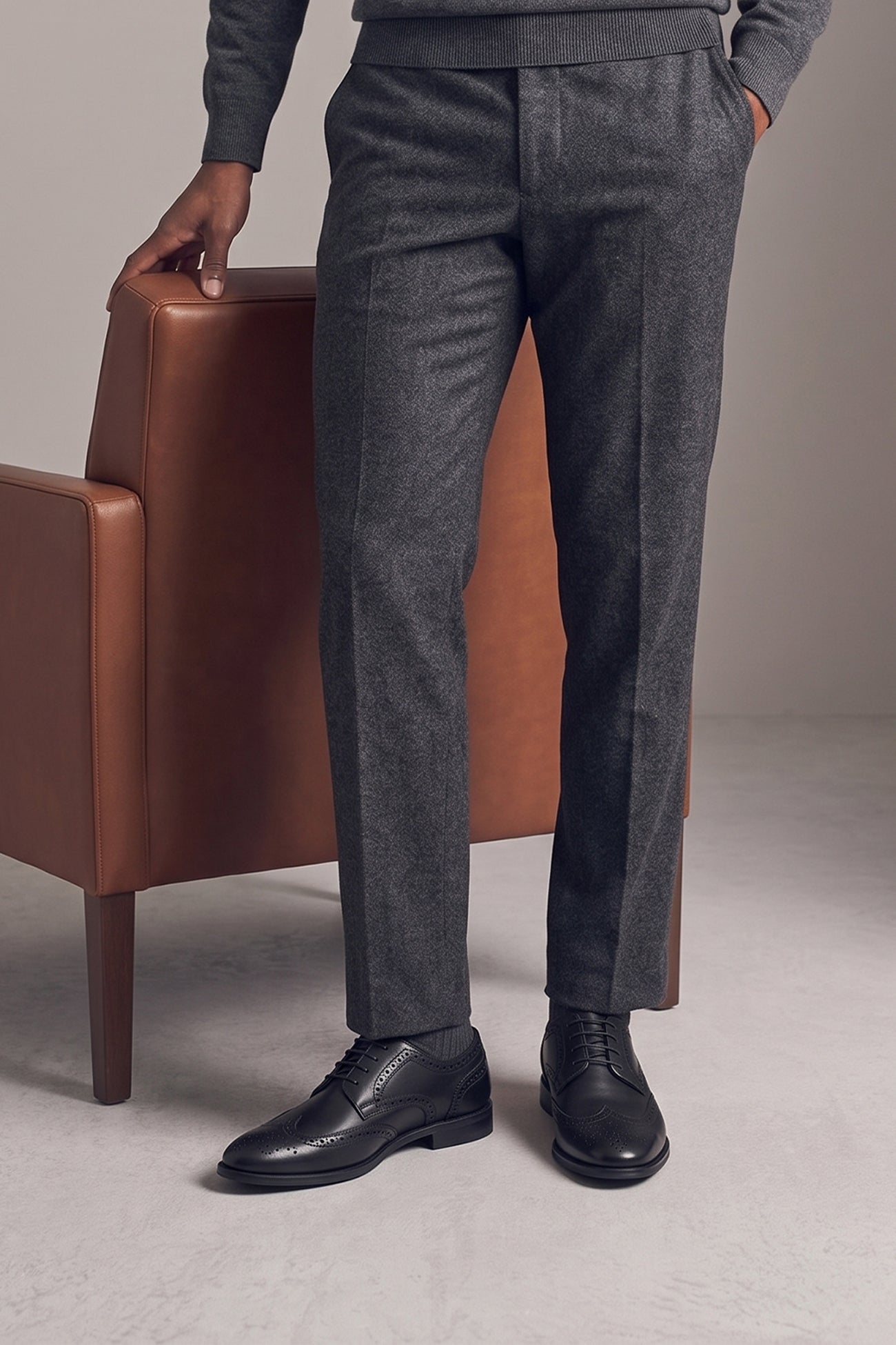 Model wearing Miller Black derby brogue marries timeless appeal with modern sensibility, offering a sophisticated choice for those who appreciate quality footwear