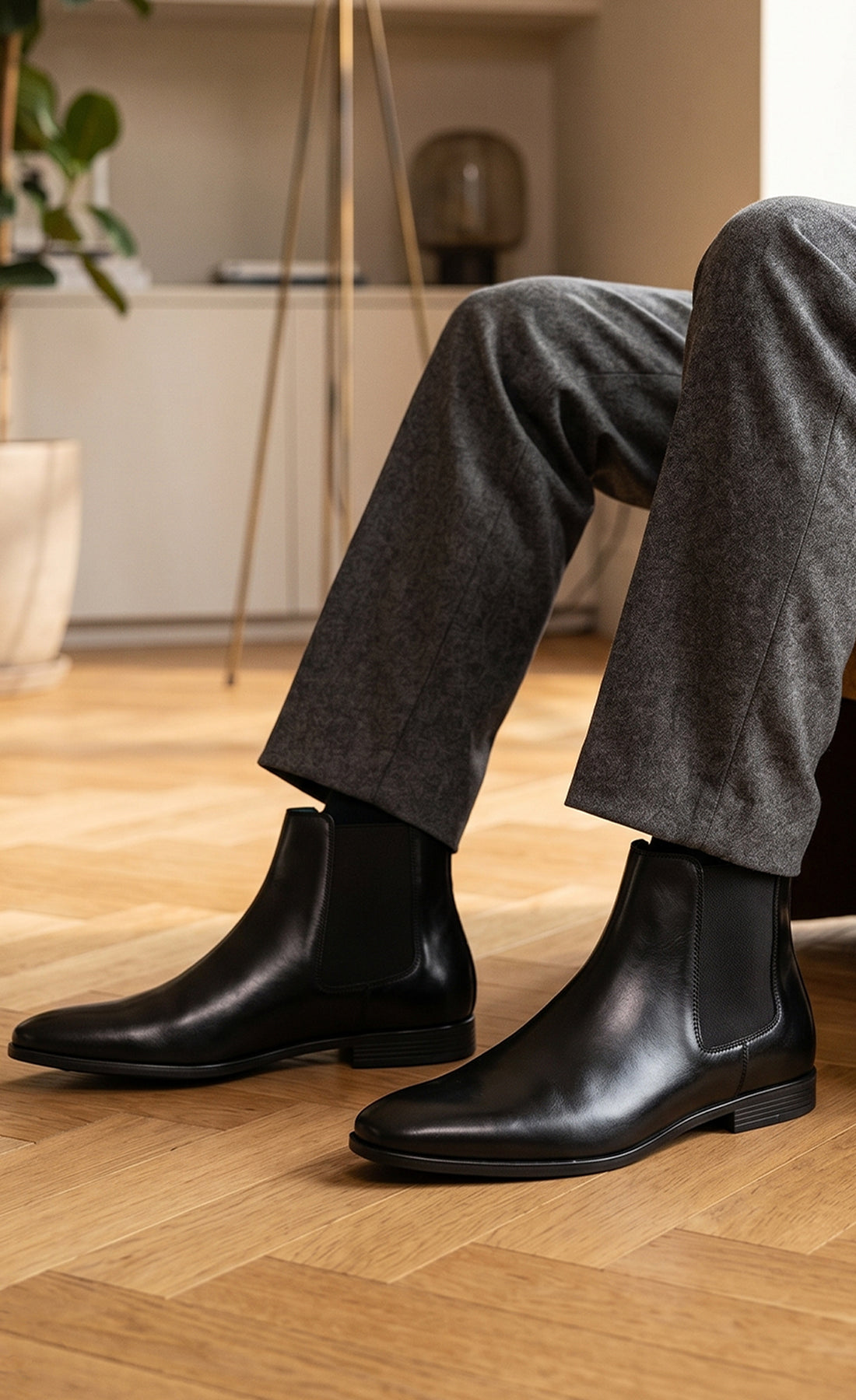 Man wearing Jack Black Chelsea boots for men in premium leather, featuring lambskin lining and a handmade sole for modern sophistication and all-day comfort.