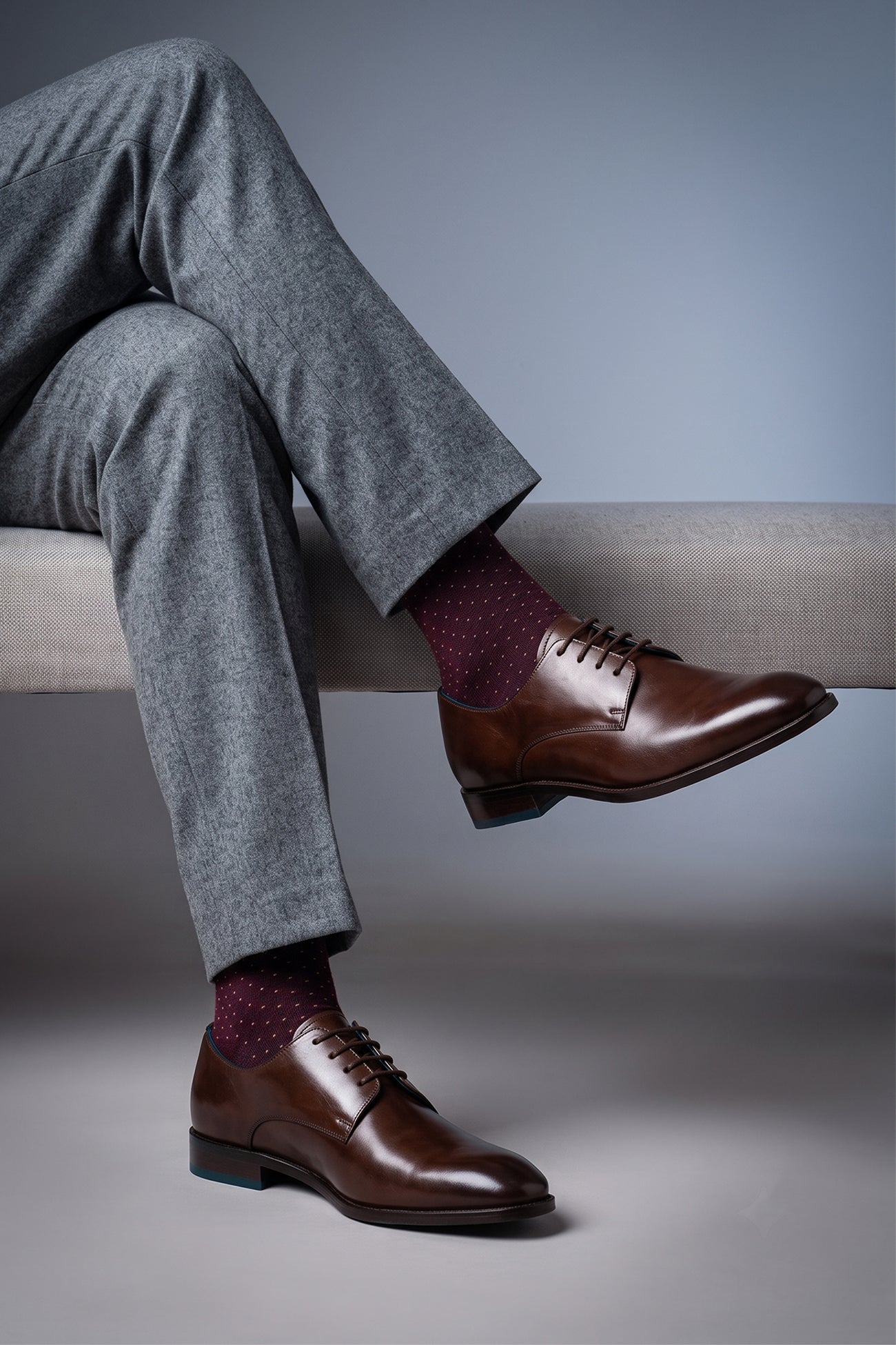 Model wearing Keyon brown derby lace-up leather shoes for men, made with premium leather for a smart, timeless look – perfect for formal, office, and everyday style.