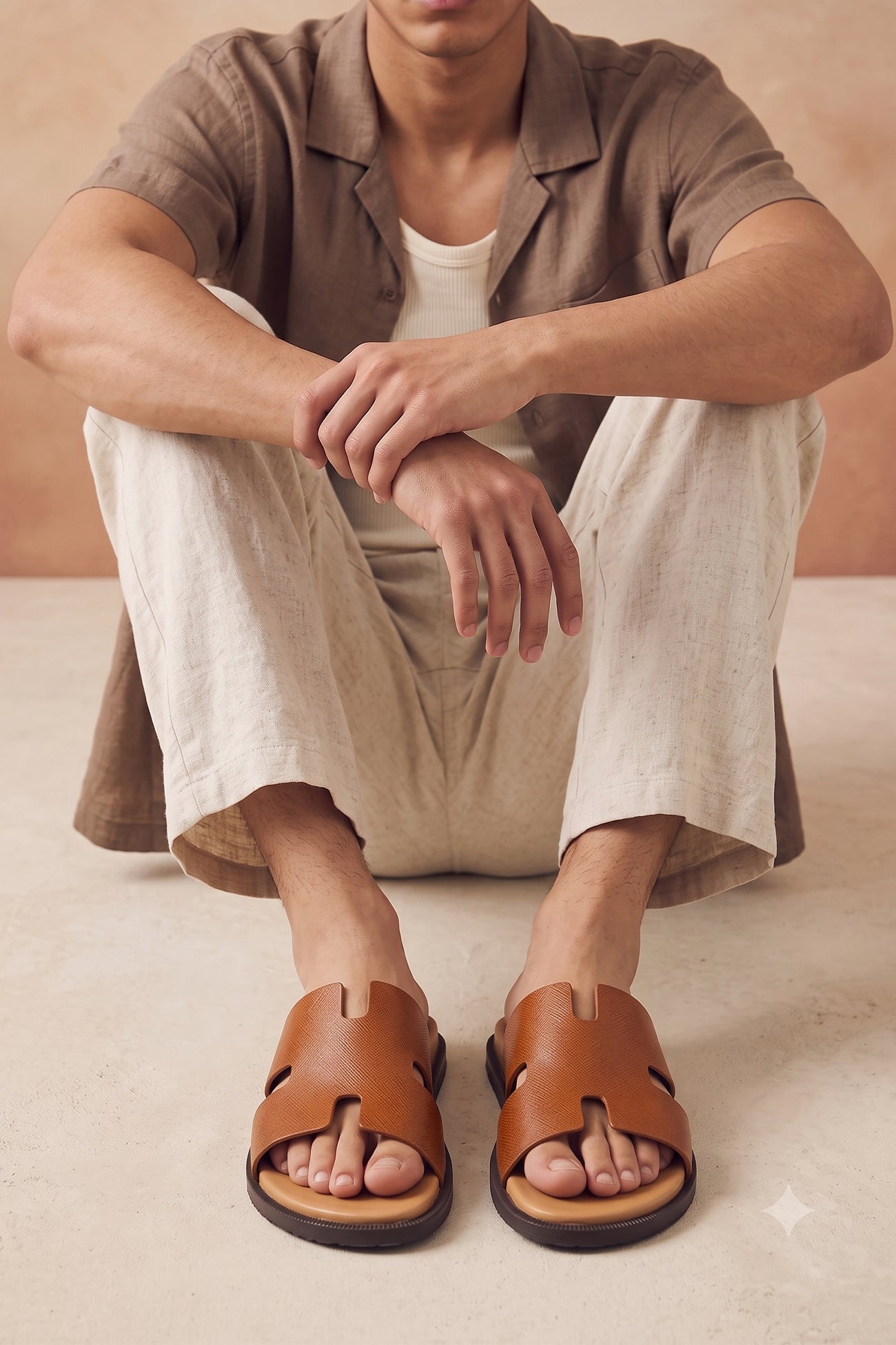 Men’s Phoenix Tan sandals in premium Saffiano leather featuring the signature hyde strap H-frame design.