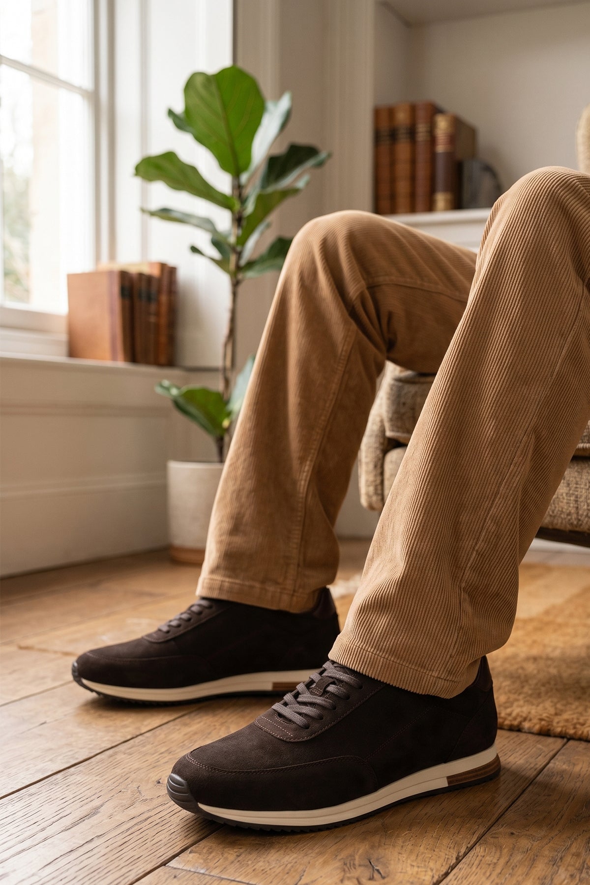 Model wearing Spencer Brown men’s suede classic sneakers crafted from premium suede, perfect for casual and smart brown footwear.