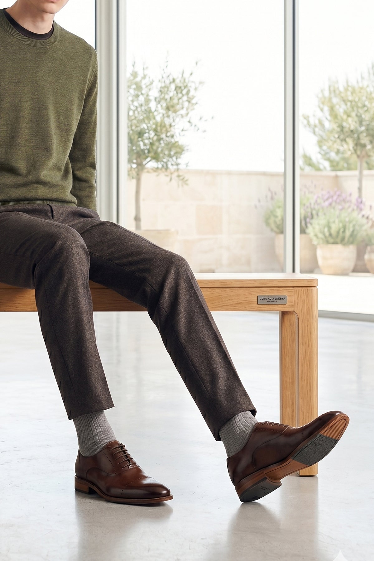 Man wearing Edward Brown men’s brown leather Oxford shoes with five eyelets, crafted for classic formal and smart casual occasions.