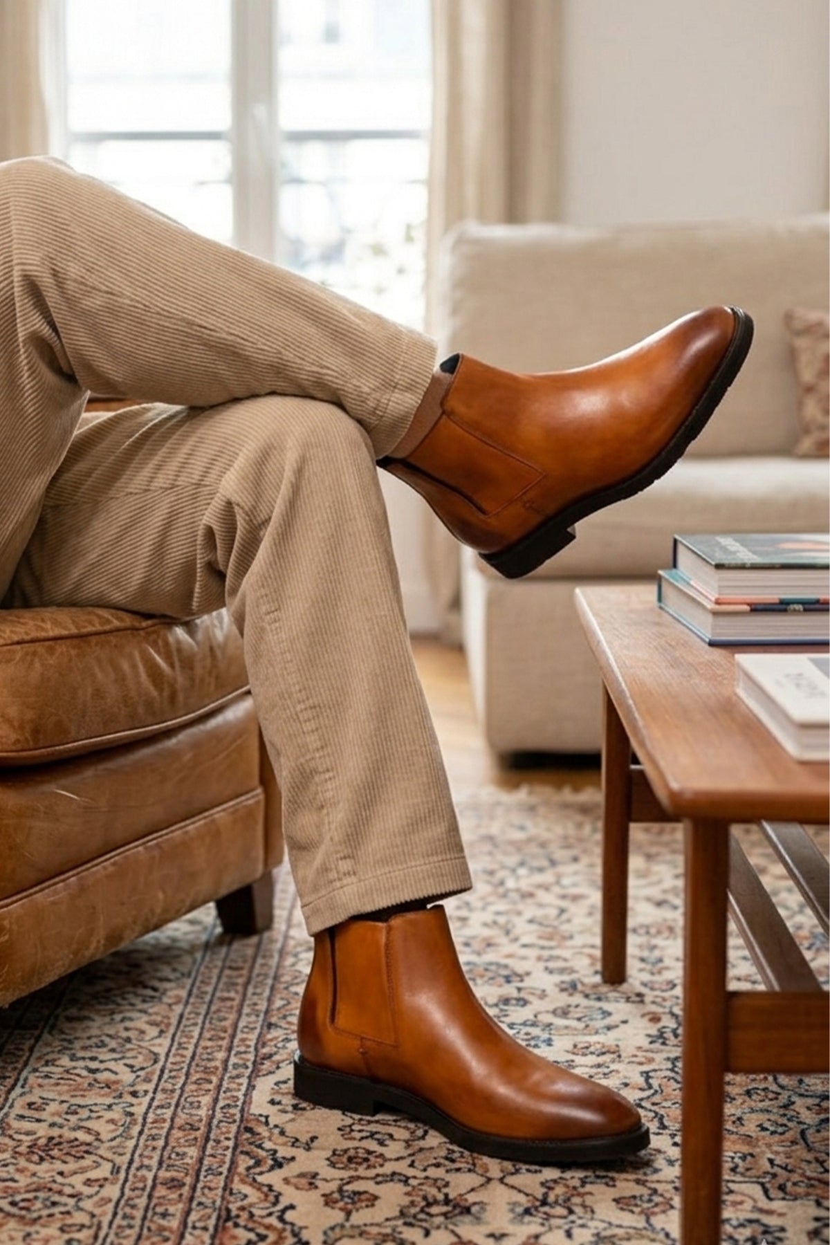 Man wearing Christopher Tan Chelsea boots for men made from finest leather with handmade sole, designed for luxury, sophistication, and refined formal occasions.