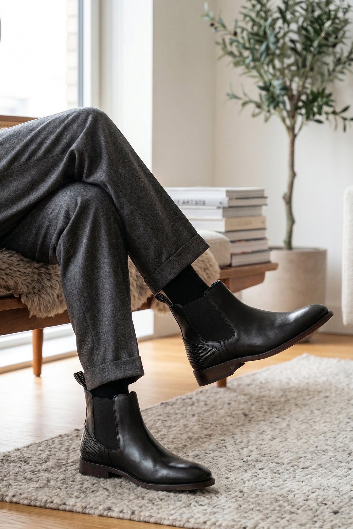 Man wearing Jack Black Chelsea boots for men in premium leather, featuring lambskin lining and a handmade sole for modern sophistication and all-day comfort.