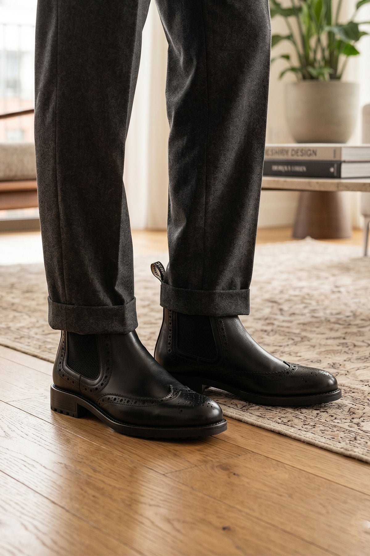 Man wearing Gavin black leather Chelsea boots for men with intricate brogue detailing, showcasing timeless elegance and refined craftsmanship