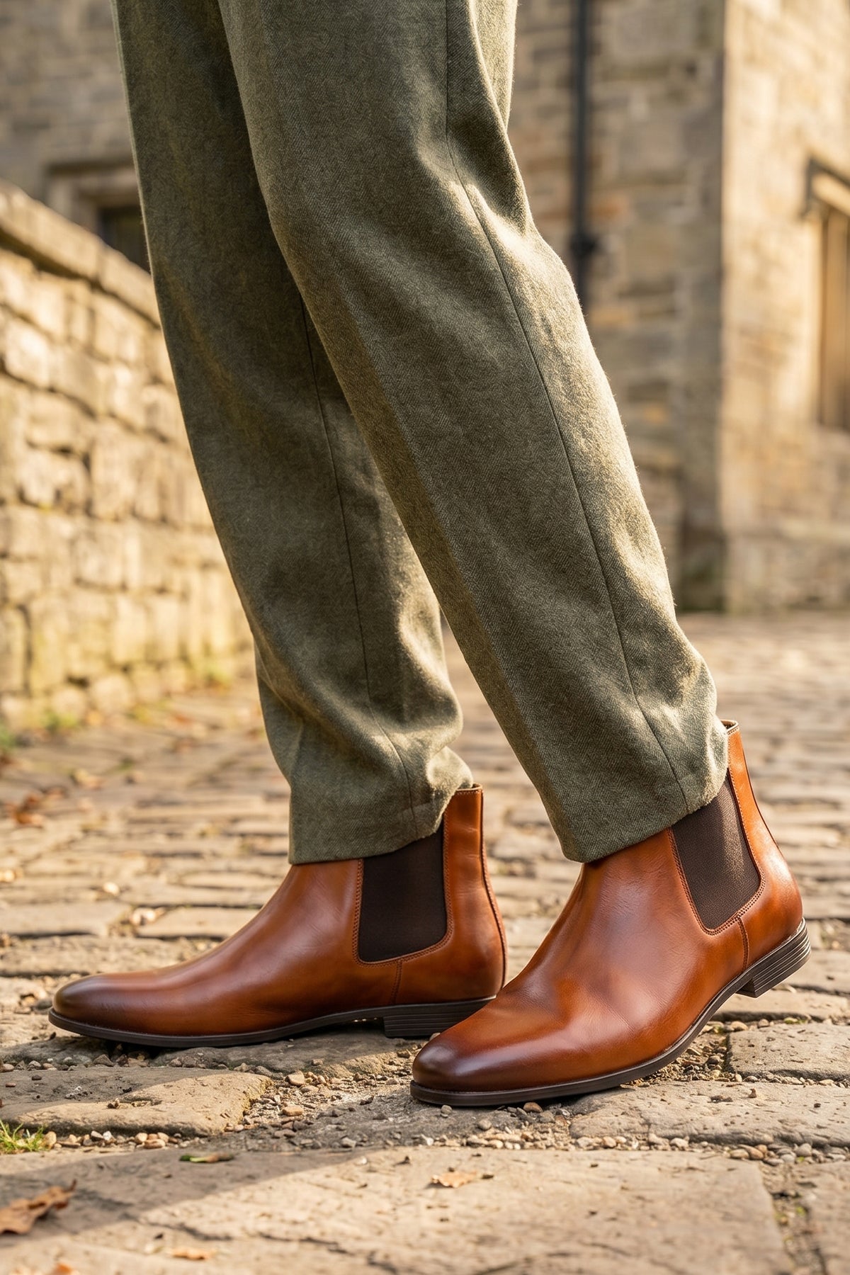 Model wearing Darwin men's Leather Chelsea boots in Tan, ideal for weddings, casual and formal events.