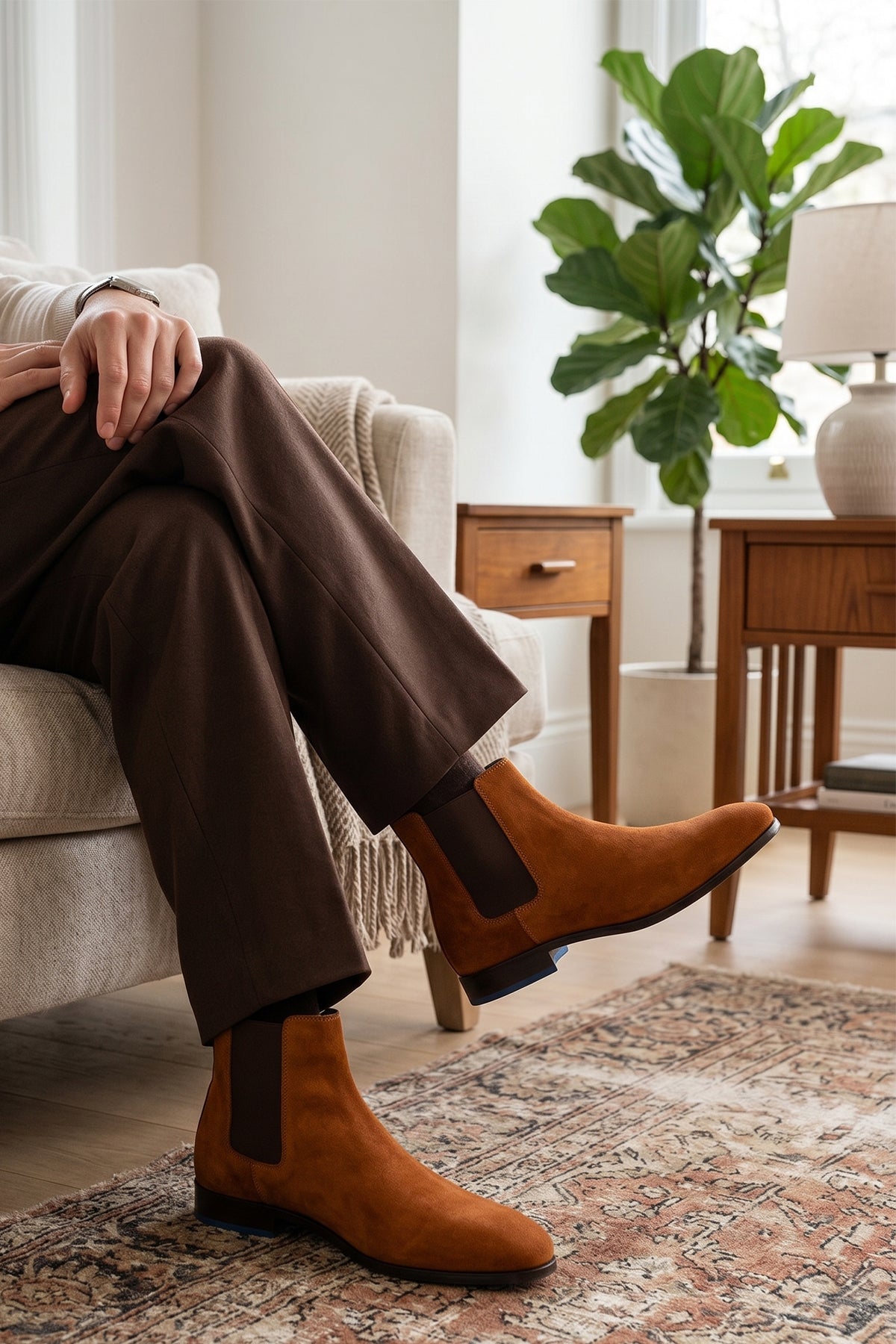 Man wearing Vinnie brown suede Chelsea boots for men by Oswin Hyde – sleek silhouette with stacked heel and soft suede upper for stylish, comfortable everyday wear.