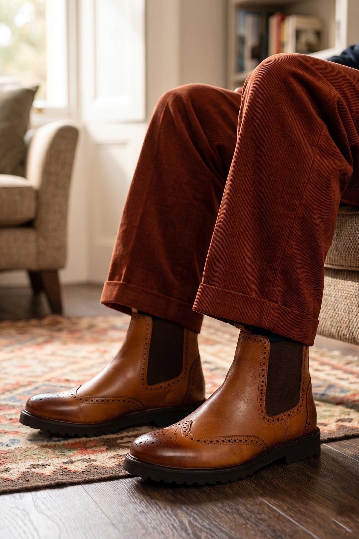 Man wearing Grant Tan men’s leather brogue Chelsea boots featuring a chunky sole, lightweight design, and comfortable fit for smart casual occasions.