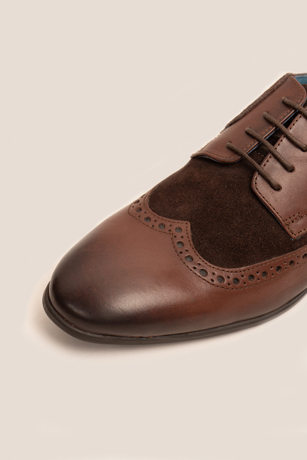 Miles brown brogue men’s suede leather shoes with classic detailing, ideal for smart-casual and formal occasions.