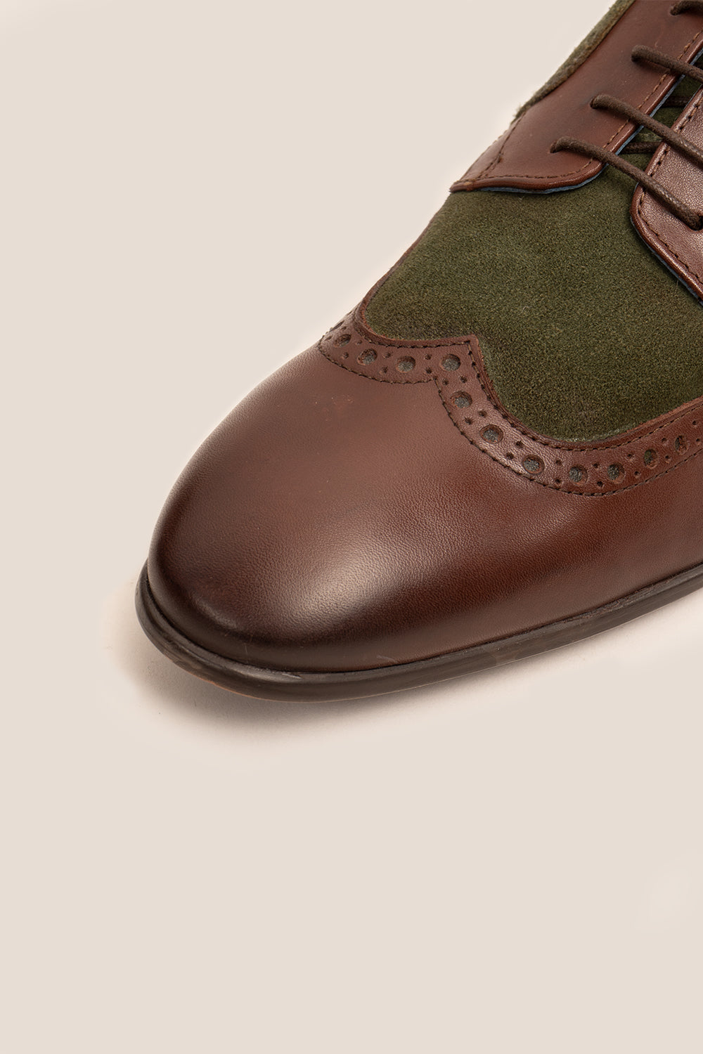 Miles brown leather and green suede brogue derby shoes for men by Oswin Hyde – refined lace-up shoes with wingtip detail for weddings and formal wear.