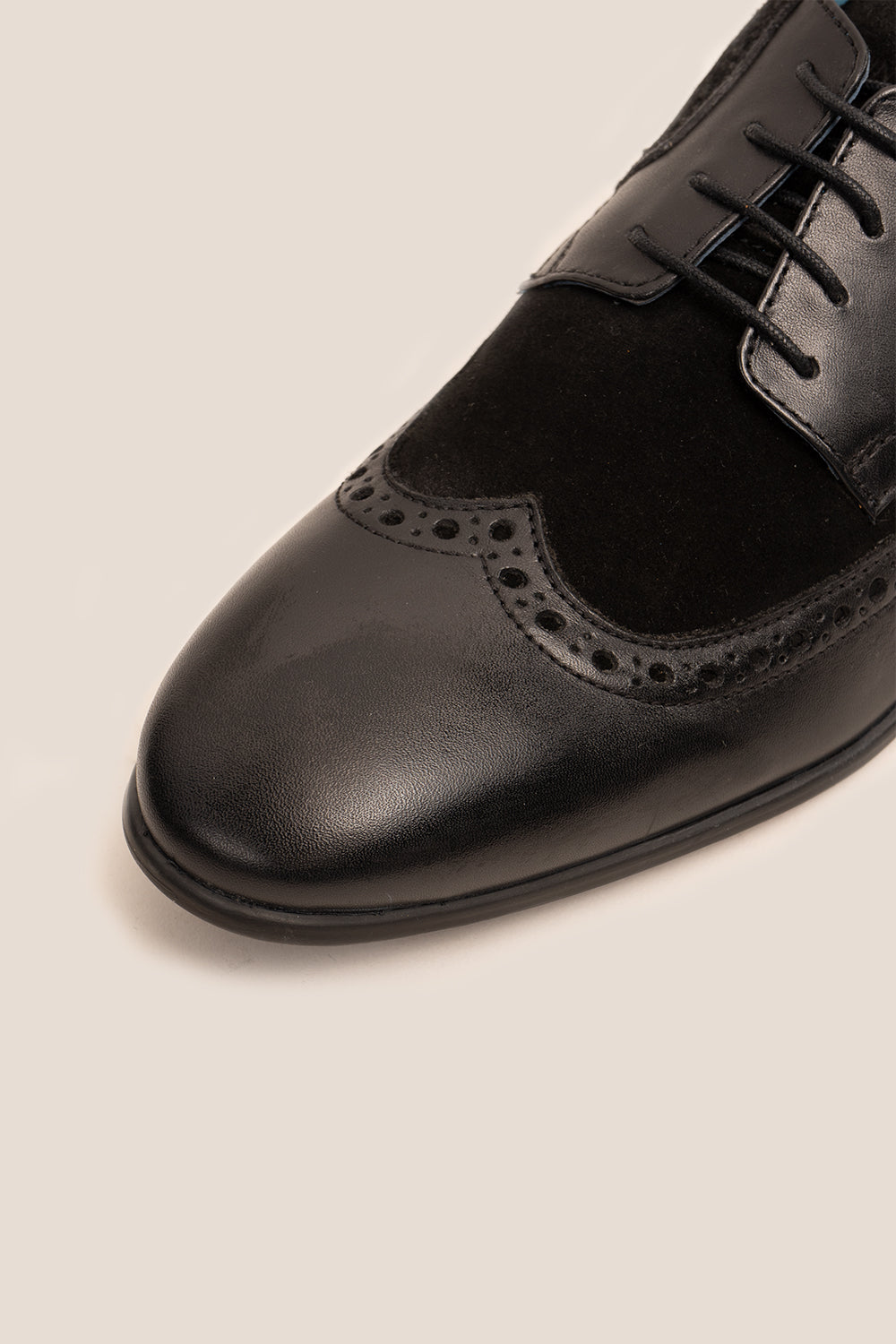 Miles black suede and leather brogue derby shoes for men by Oswin Hyde – refined lace-up shoes with wingtip detailing for office, weddings, and formal wear.