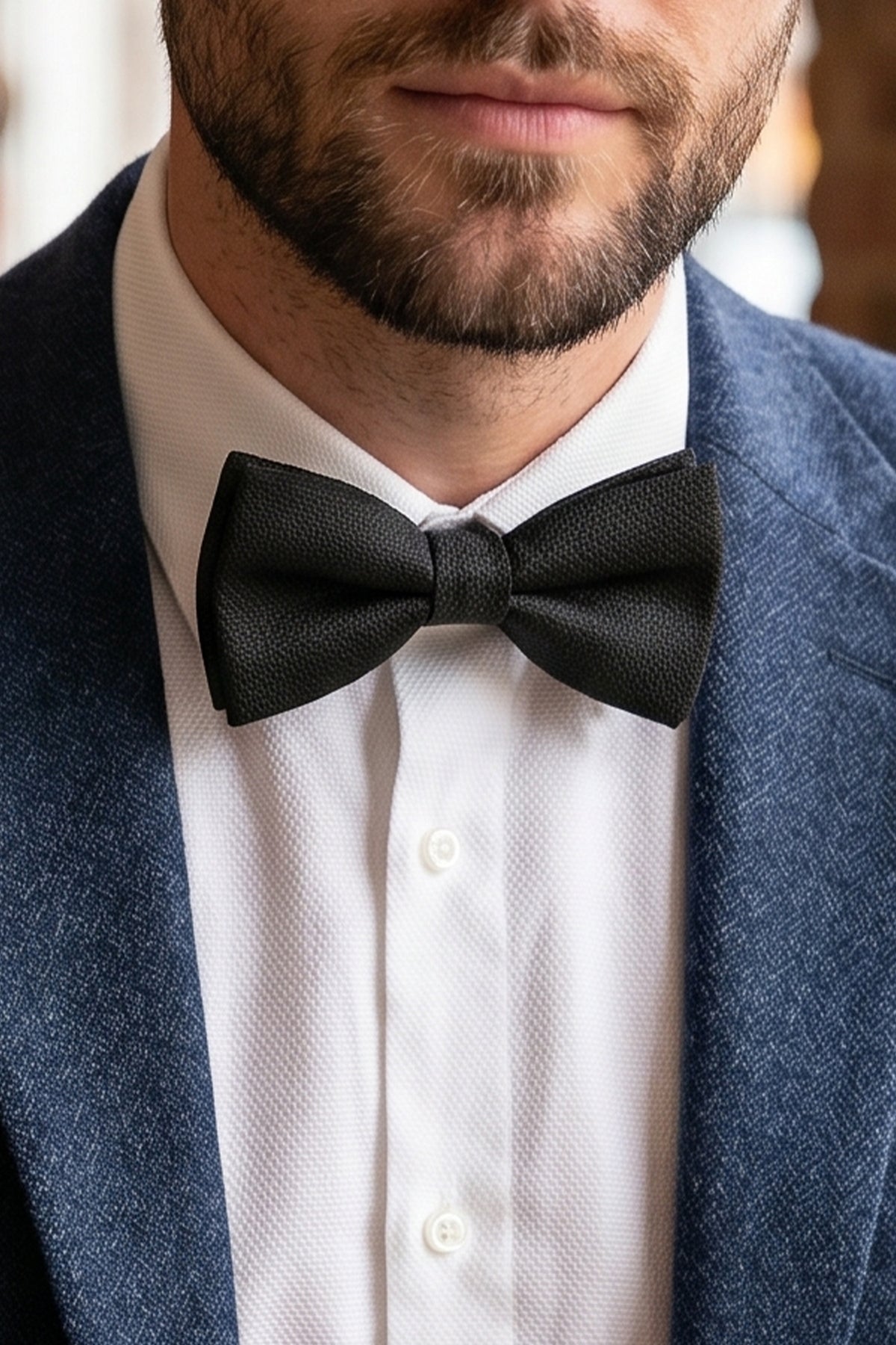 Man wearing Oswin Hyde Black Self Texture Bowtie delicate self-textured pattern enhances the classic black shade