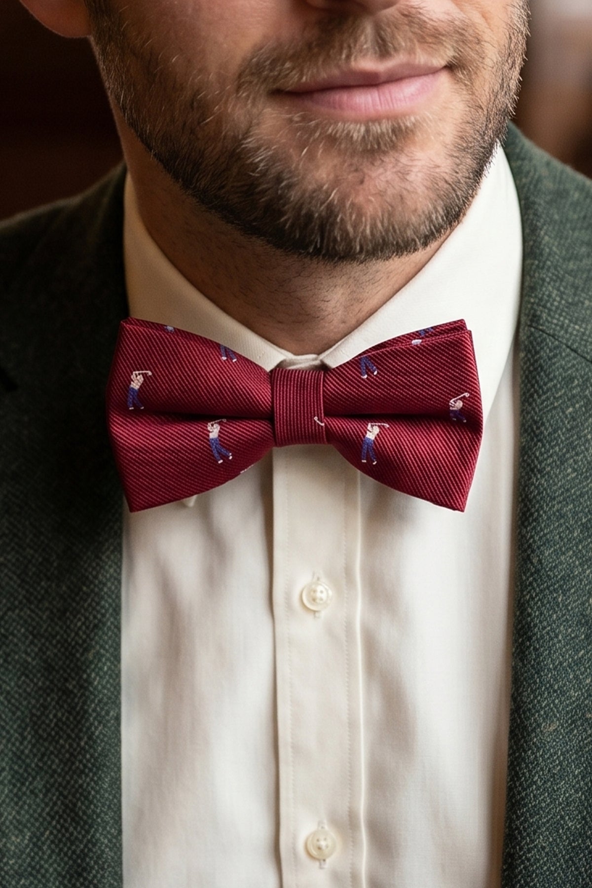Man wearing Red Golf Bowtie, designed for men who want to add a lively splash of colour to their wardrobe, made from high quality materials.