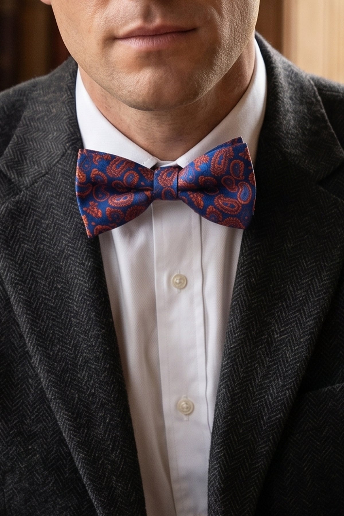 Man wearing Oswin Hyde Paisley Pattern Red Bowtie for men, designed with an intricate paisley pattern and a rich red colour