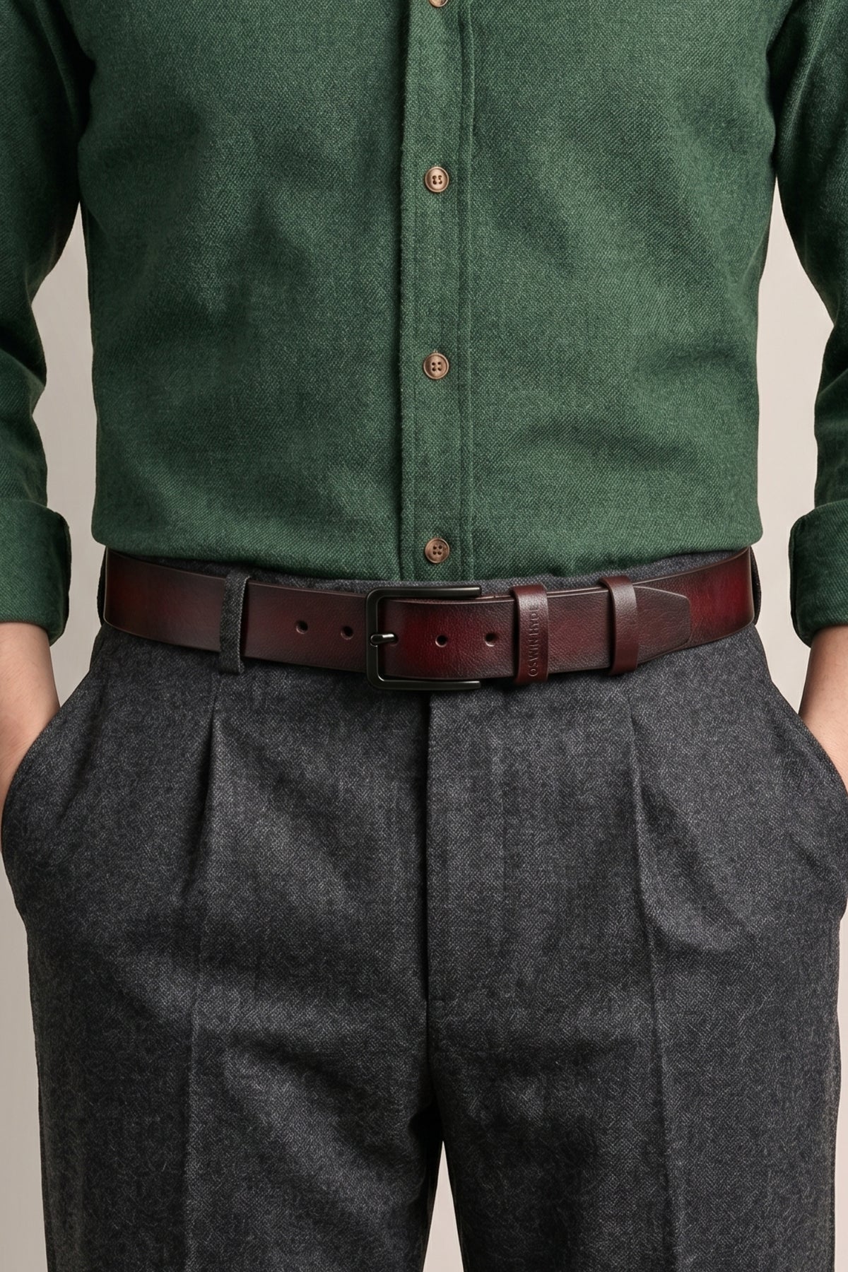 Man wearing Oswin Hyde Carl Brown premium leather belt - Rich brown full-grain leather dress belt with polished hardware, designed for formal occasions and sophisticated everyday style