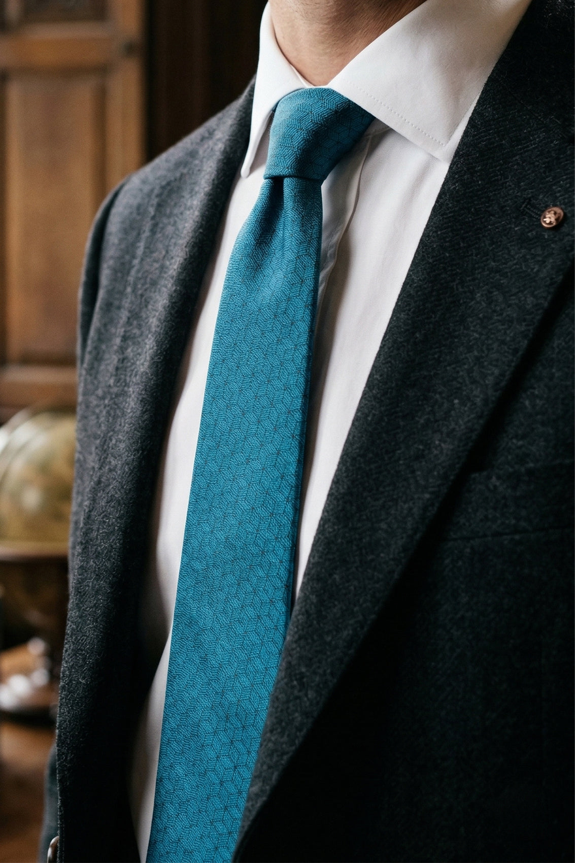 Blue Pattern Print Silk Tie with geometric design, offering luxury and sophistication for upscale events.