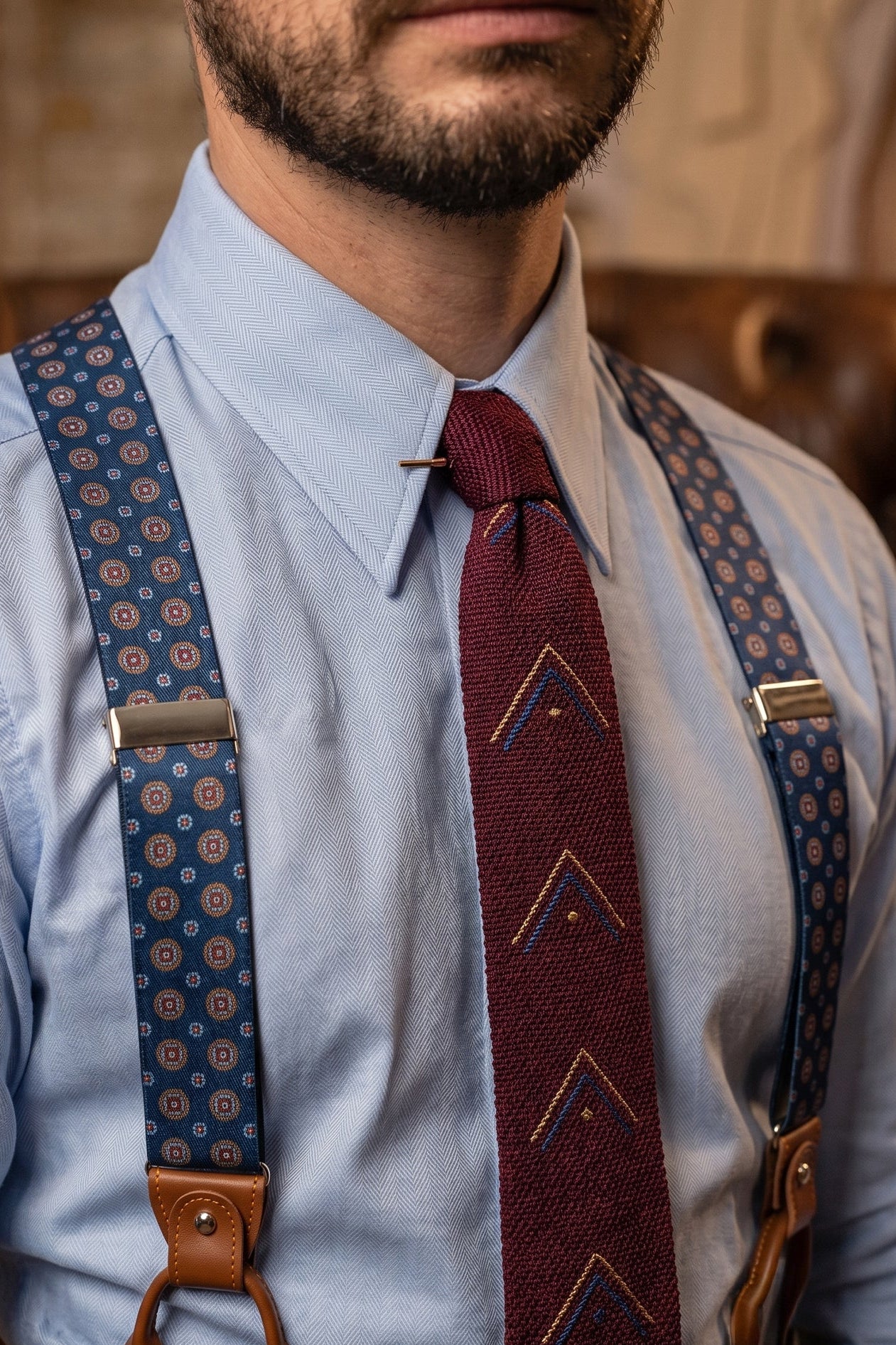 Men’s navy geometric combination braces suspenders with leather accents and adjustable metal clips, ideal for weddings, business, or smart-casual wear.