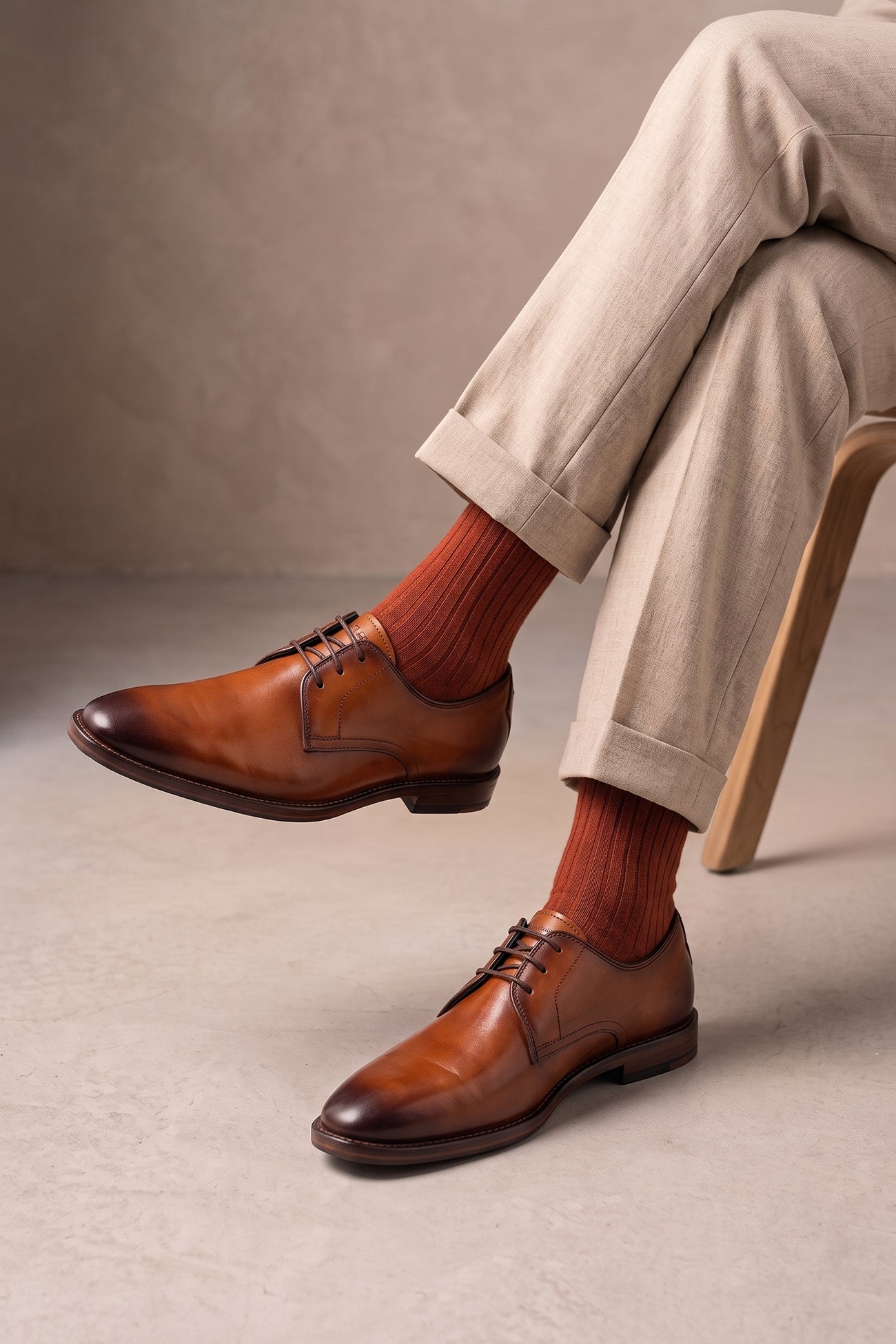 Model wearing Nathan tan leather Derby shoes for men featuring a 3-eyelet design, breathable lining, and durable leather sole for formal and smart casual occasions.