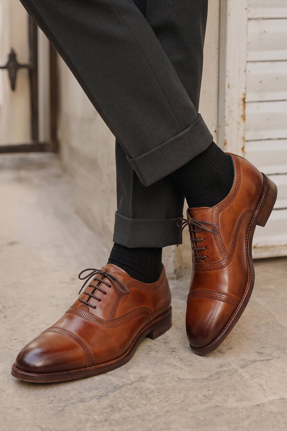 Creed tan men's leather shoes with timeless five-eyelet toecap brogue design, crafted in premium leather for a refined, sophisticated look