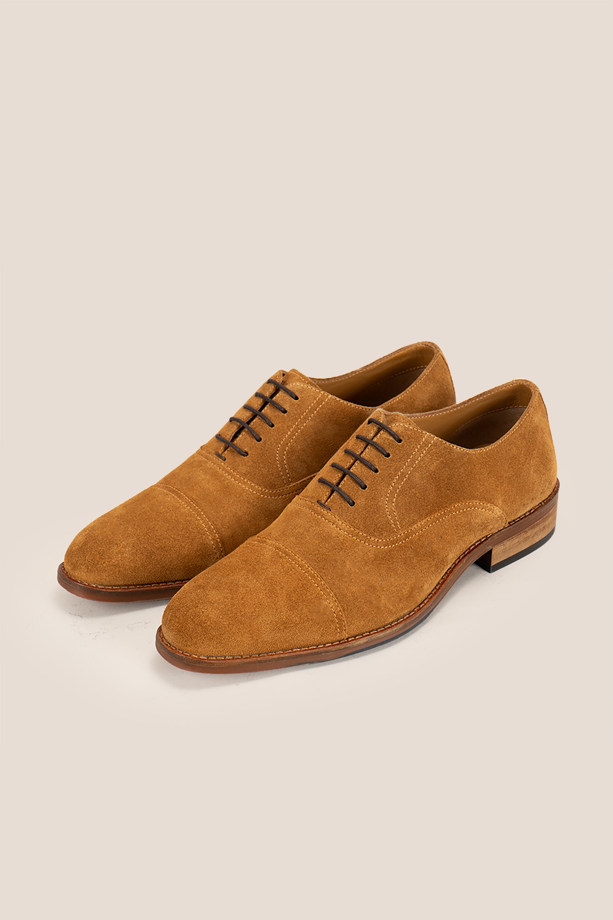 Men’s Elise tan suede Oxford shoes featuring soft suede material, classic design, and comfortable fit for formal and smart casual wear.