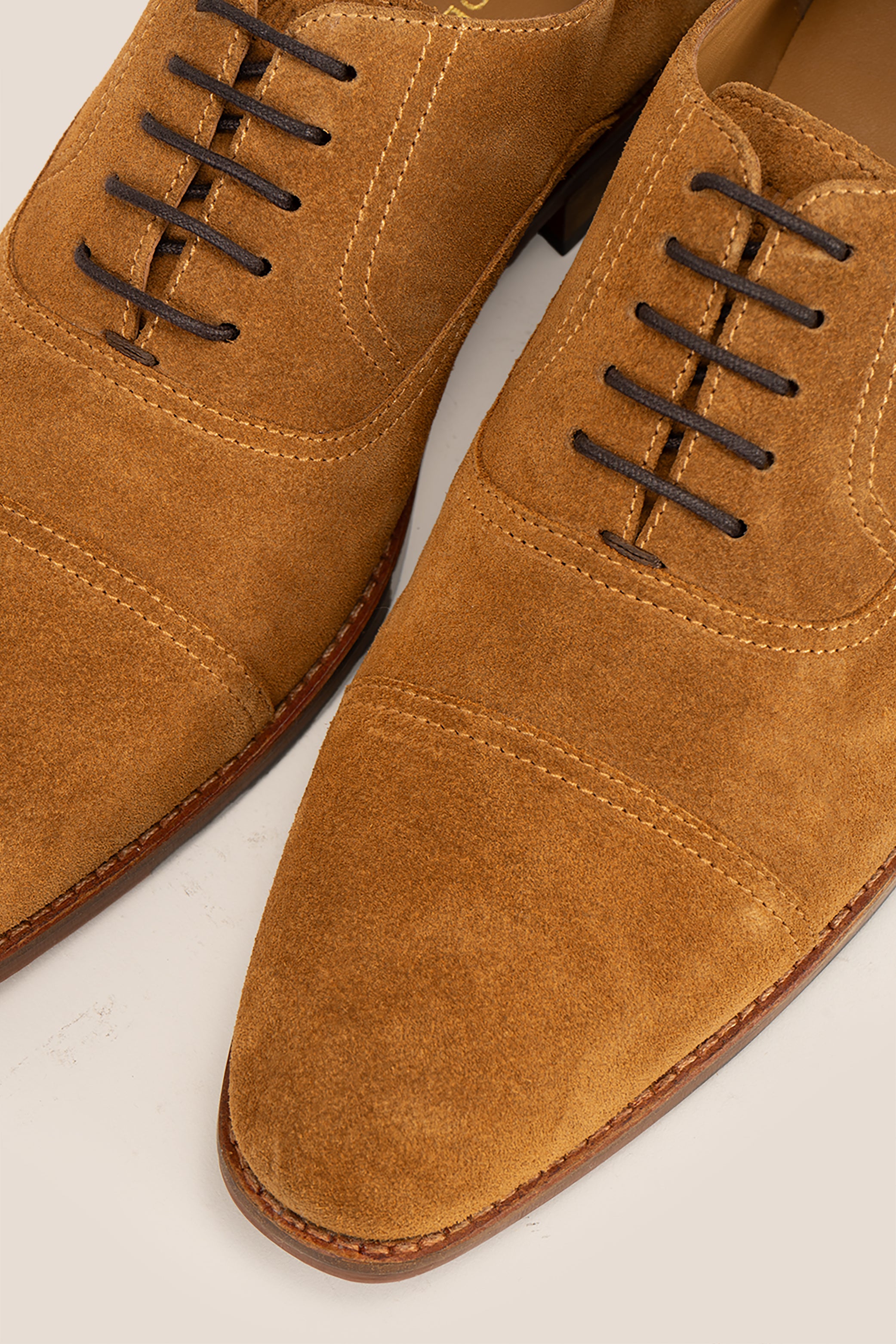 Men’s Elise tan suede Oxford shoes featuring soft suede material, classic design, and comfortable fit for formal and smart casual wear.