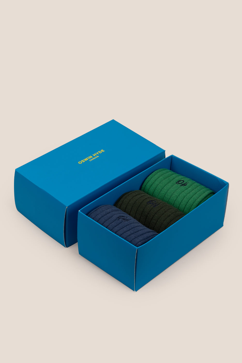 Oswin Hyde Serene three pack socks in blues and greens for men, offering premium style and sophistication.