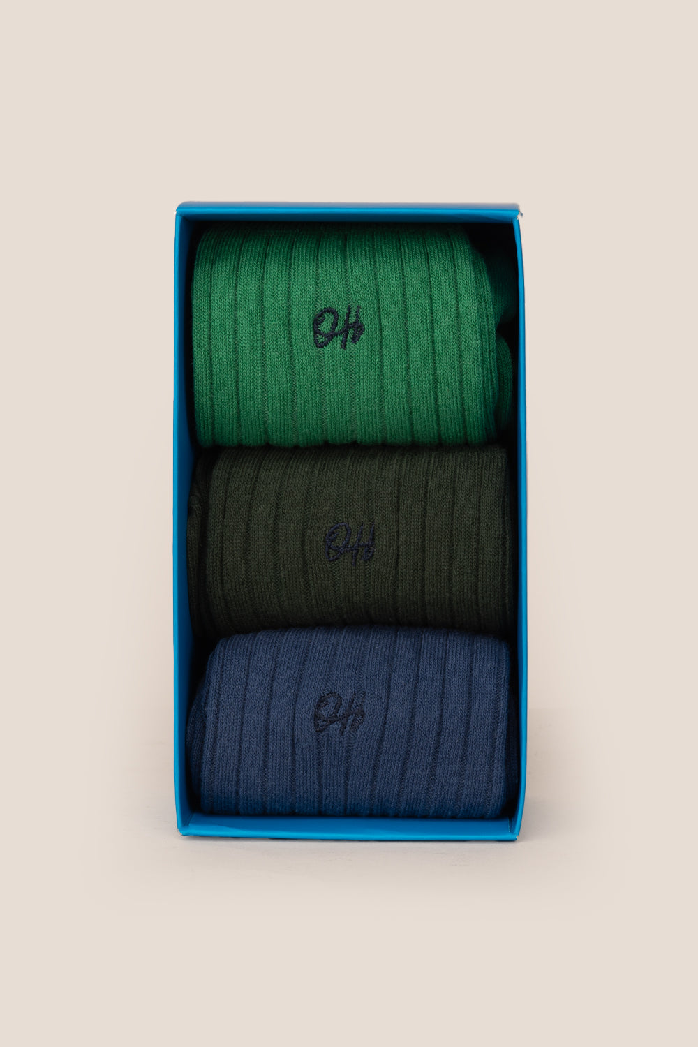 Oswin Hyde Serene three pack socks in blues and greens for men, offering premium style and sophistication.