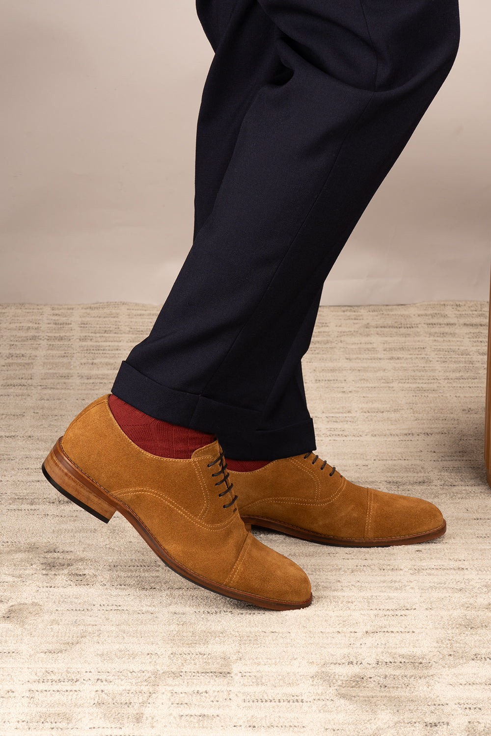 Men’s Elise tan suede Oxford shoes featuring soft suede material, classic design, and comfortable fit for formal and smart casual wear.
