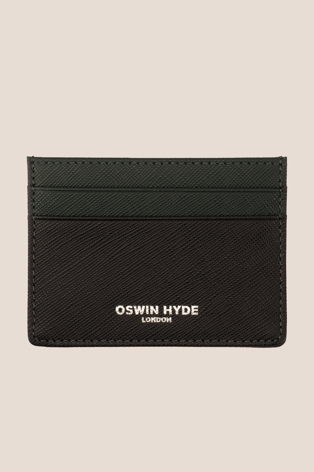 Holborn green saffiano leather card holder for men by Oswin Hyde – slim, luxury wallet with silver embossed logo and premium textured finish.