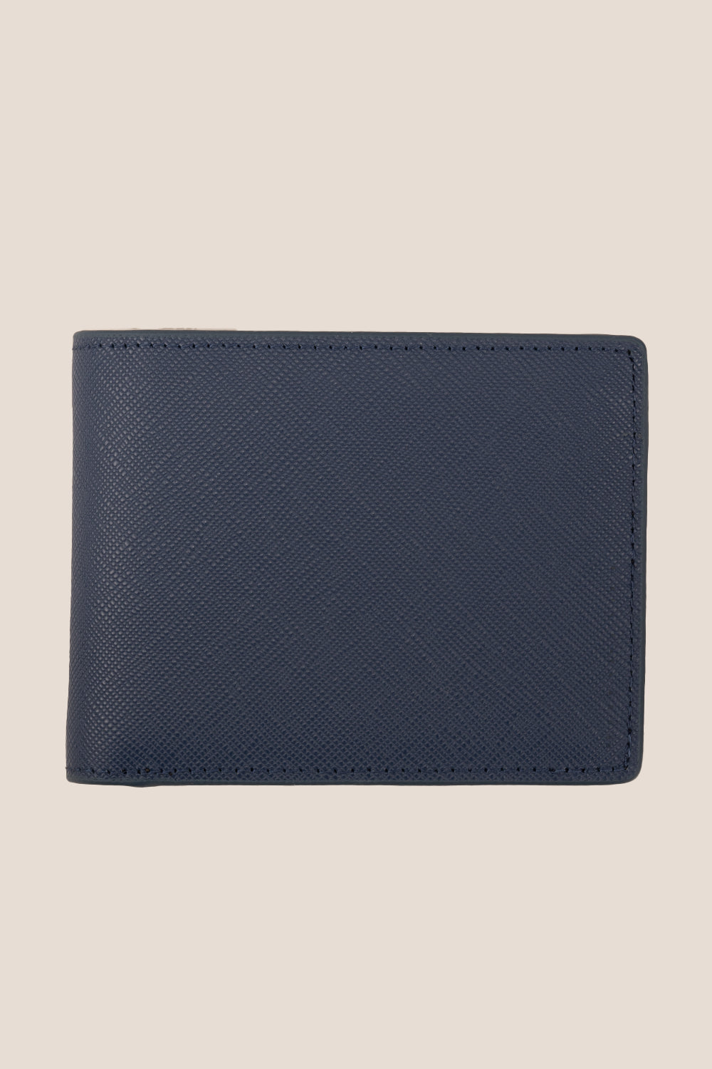 Marylebone navy saffiano leather bi-fold wallet for men by Oswin Hyde – slim luxury wallet with multiple card slots and durable textured leather finish.