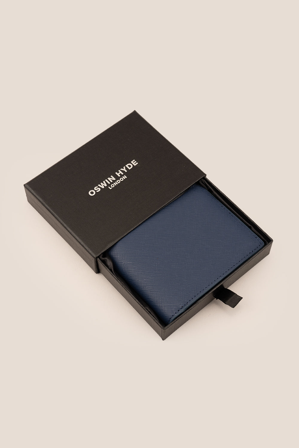 Marylebone navy saffiano leather bi-fold wallet for men by Oswin Hyde – slim luxury wallet with multiple card slots and durable textured leather finish.