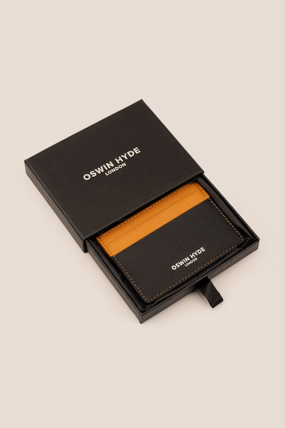 Holborn tan saffiano leather card holder for men by Oswin Hyde – slim premium wallet with silver embossed branding and luxury textured leather finish.
