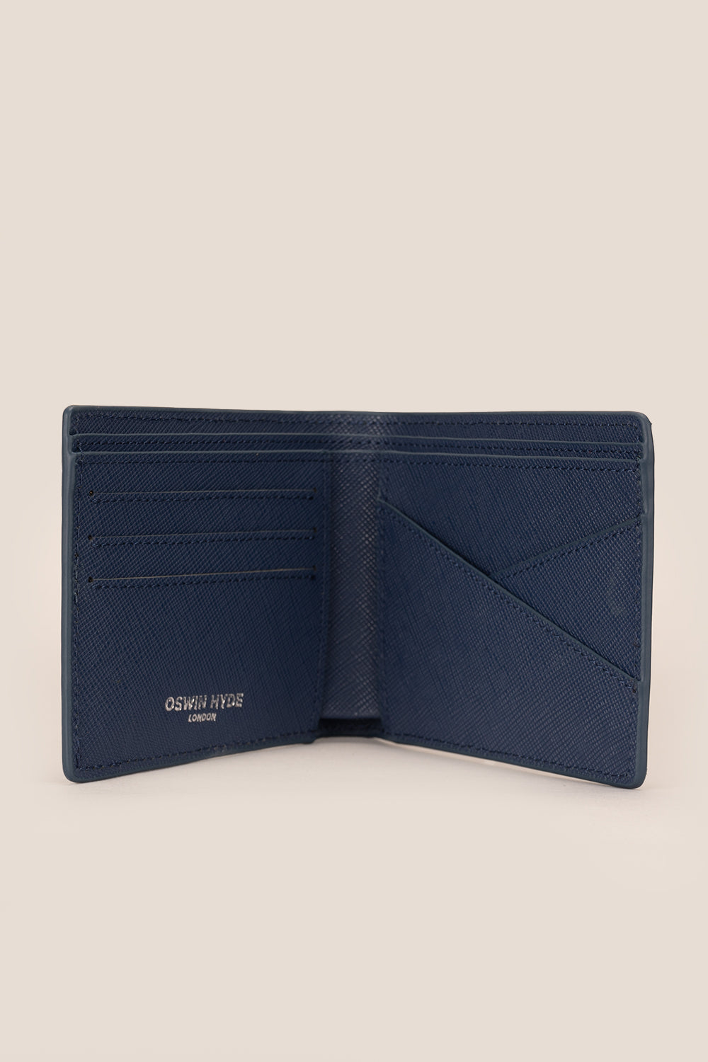 Marylebone navy saffiano leather bi-fold wallet for men by Oswin Hyde – slim luxury wallet with multiple card slots and durable textured leather finish.