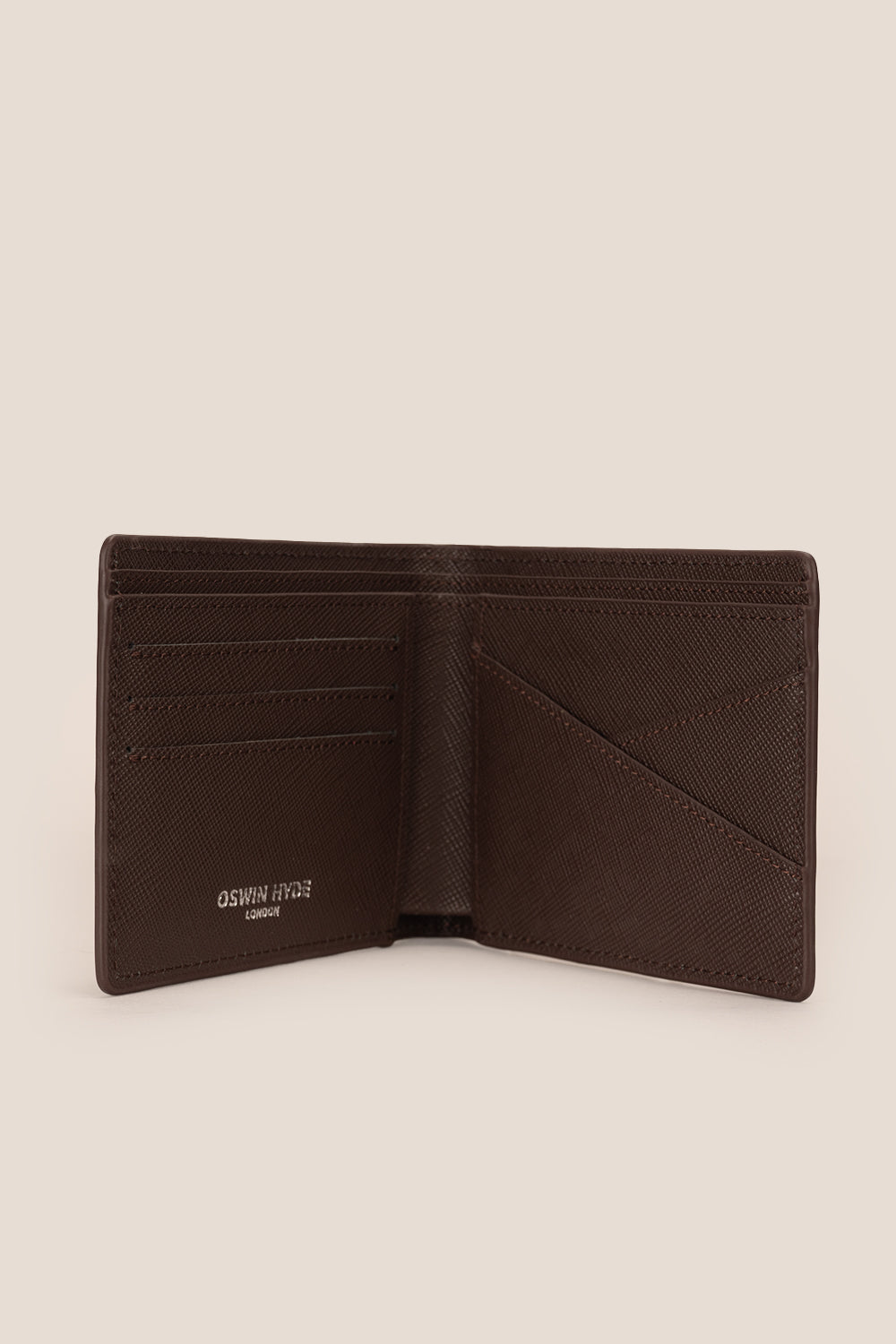 Marylebone brown saffiano leather bi-fold wallet for men by Oswin Hyde – slim luxury wallet with multiple card slots and durable textured leather finish.
