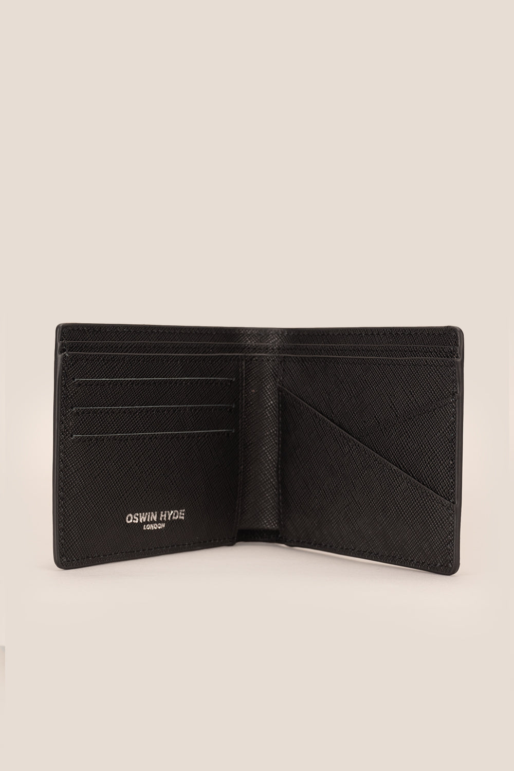Marylebone black saffiano leather bi-fold wallet for men by Oswin Hyde – slim luxury wallet with multiple card slots and durable textured leather finish.