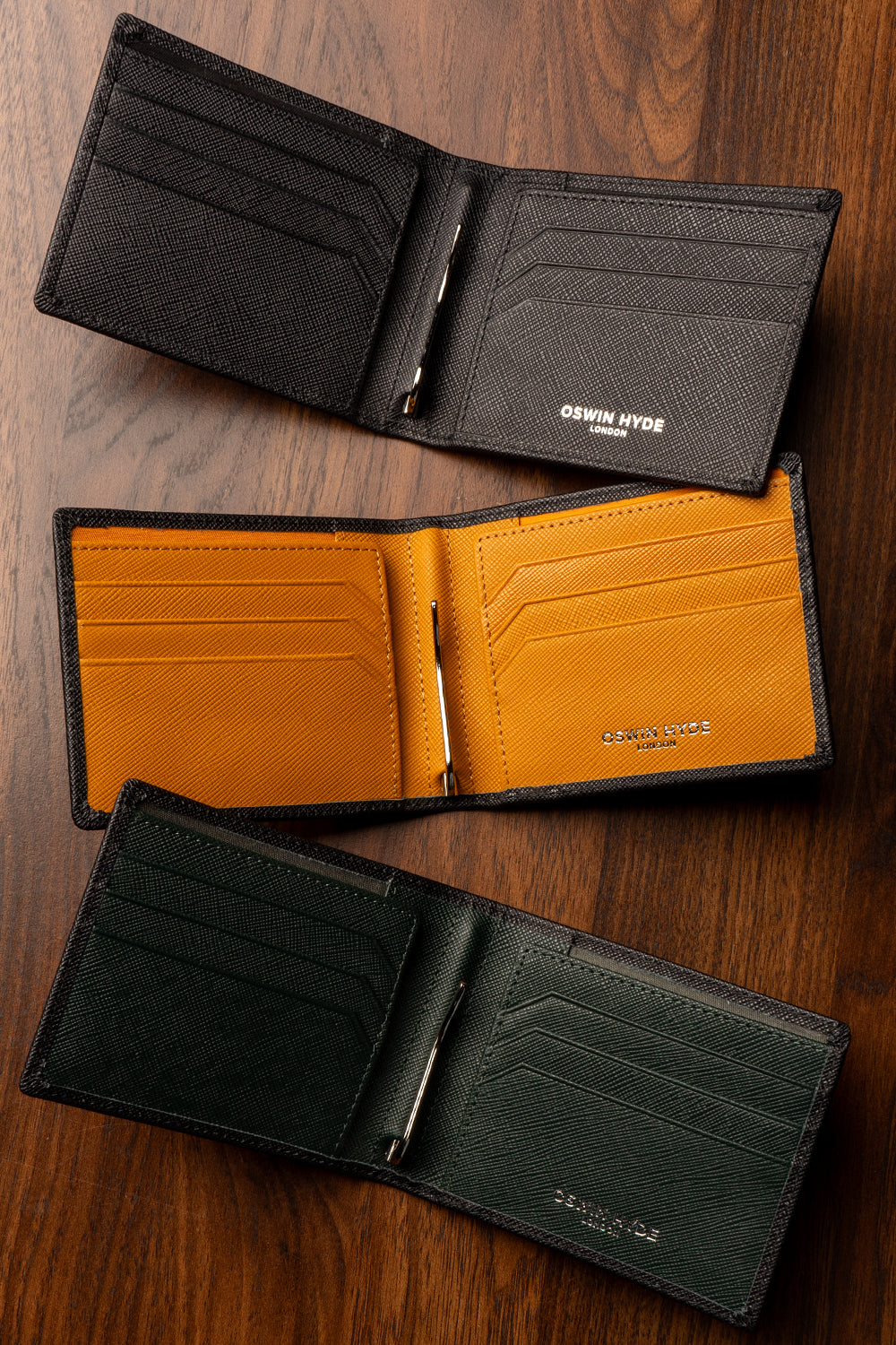 Sloane tan saffiano leather money clip for men by Oswin Hyde – luxury slim design with silver embossing for stylish and practical everyday carry.