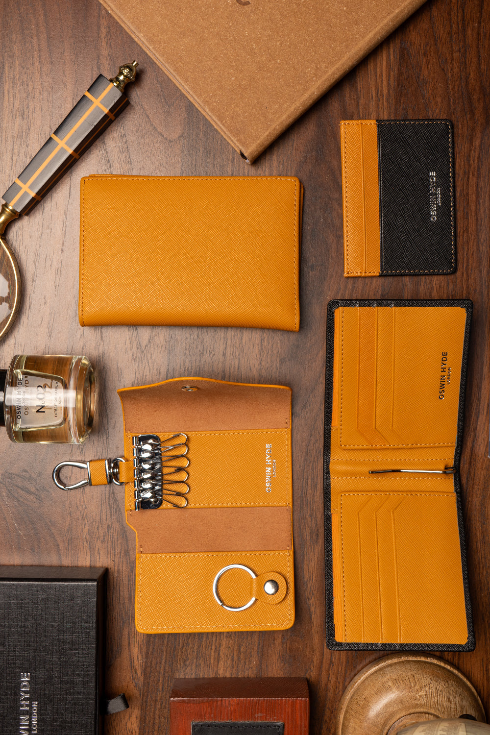 Tan saffiano leather men’s passport holder by Oswin Hyde – slim and stylish travel accessory with secure slot and textured finish.