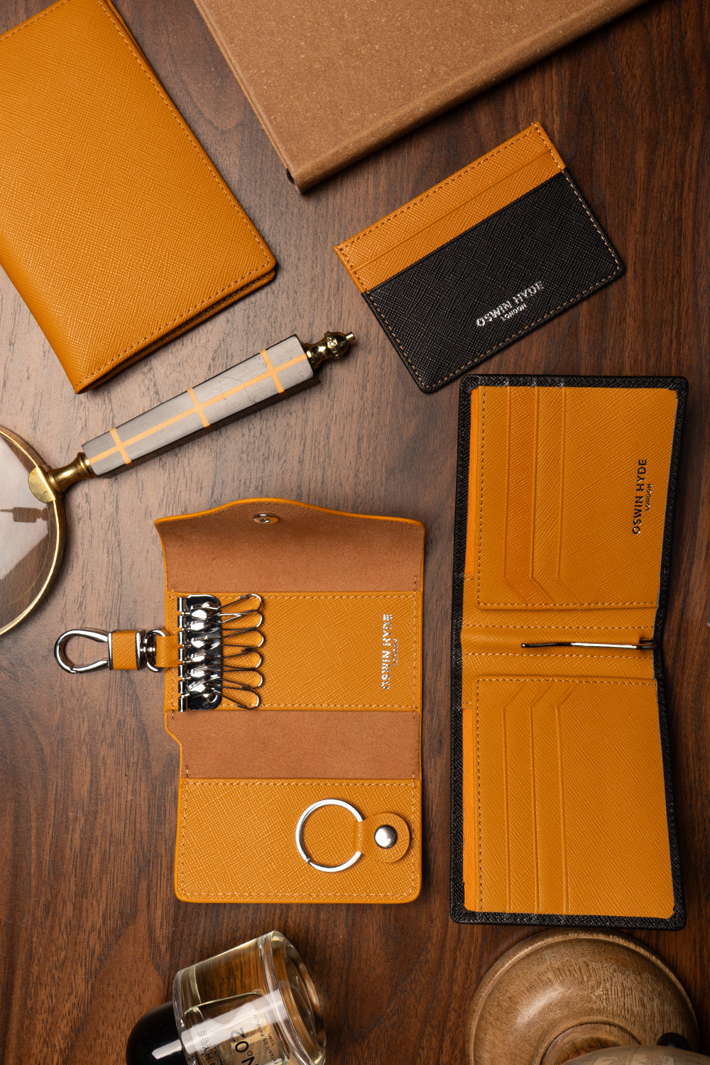 Holborn tan saffiano leather card holder for men by Oswin Hyde – slim premium wallet with silver embossed branding and luxury textured leather finish.