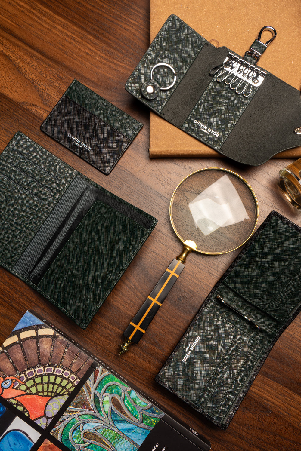 Holborn green saffiano leather card holder for men by Oswin Hyde – slim, luxury wallet with silver embossed logo and premium textured finish.